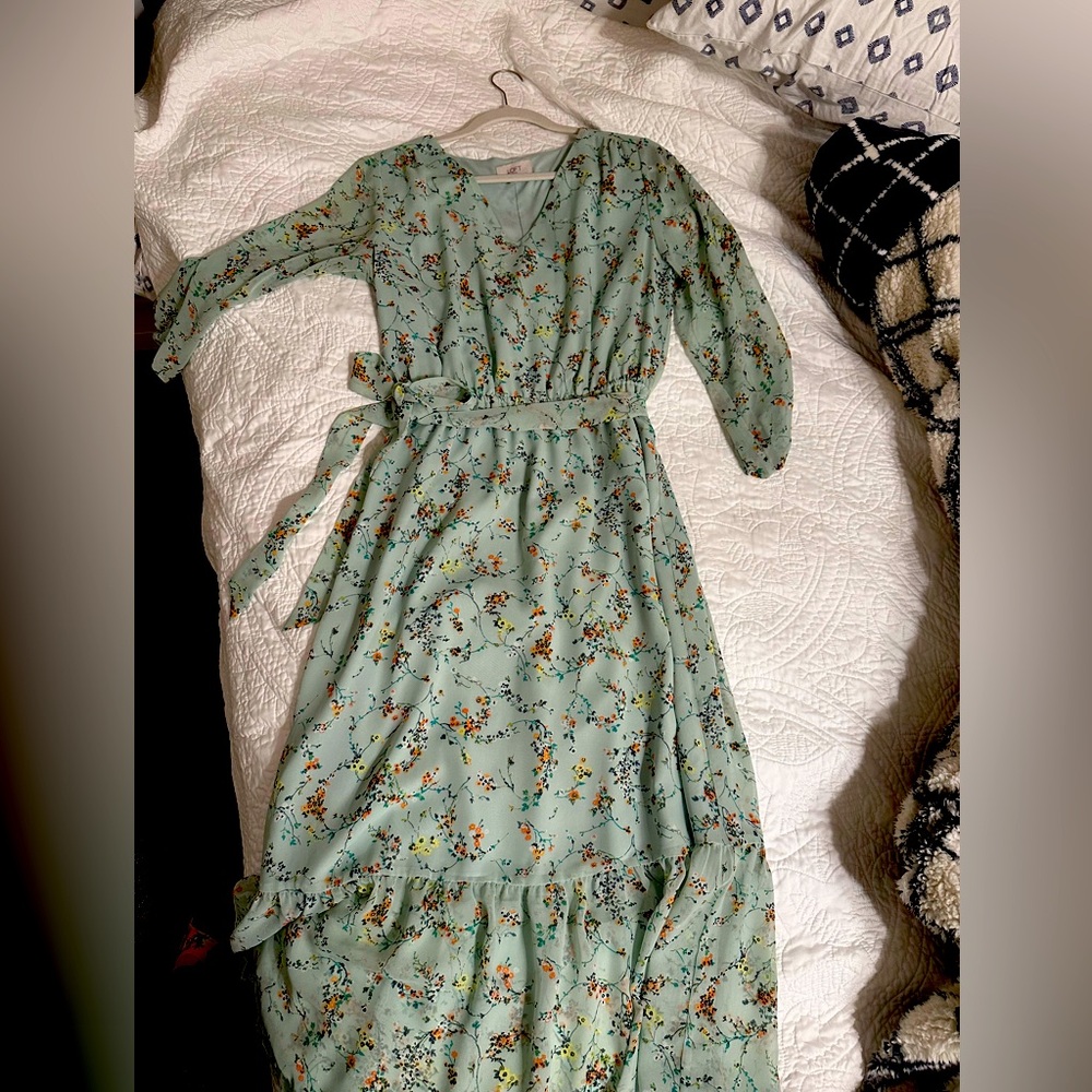 LOFT Green Tiered Ruffled Sundress with Bishop Sleeves